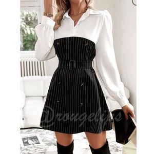Faux Overlay Trench Skirt With Dress Shirt Dress White Black